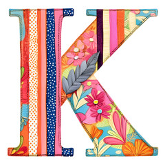Colorful letter K crafted from vibrant fabric strips and floral patterns, showcasing a creative design with textures and artistic elements for decorative purposes