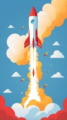 Flat Style Rocket Launch with Smoke and Flame