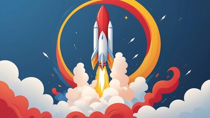 Creative Flat Rocket Ship Launching Isolated