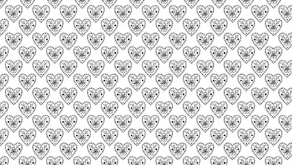 Seamless pattern of stylized hearts with flowers and dots in black and white repeating design element