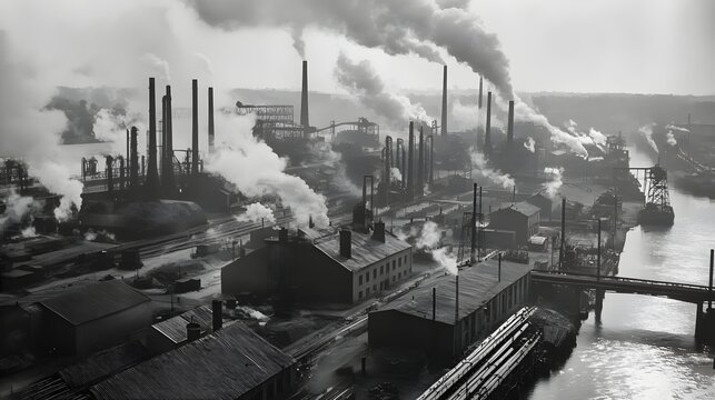 Historic Early 20th Century United States Industrial Landscape with Numerous Smoking Chimneys and River