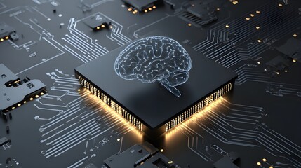 Glowing artificial intelligence brain on computer chip isolated on a transparent background circuit board
