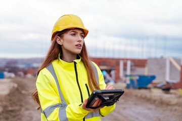 Portrait of Female Construction manager builder in bright safety yellow jacket overseeing building...