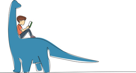 Single one line drawing young boy reading book on cute brontosaurus. Serious reading about the existence of dinosaurs. Boy Reading Book at Animal Back. Continuous line design graphic illustration © Simple Line