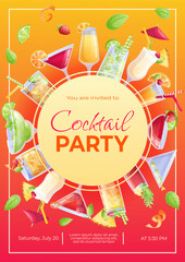 Cocktail party invitation design template . Mojito cocktail, tequila sunrise, old fashion, Manhattan, pina colada, margarita, mai tai, cosmopolitan. Vector illustration in A4 format