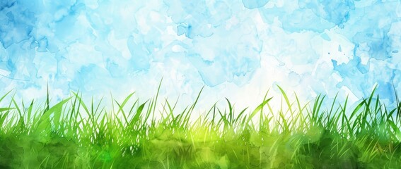 Obraz premium watercolor background, sky blue and green color, spring grass field, simple design, flat illustration