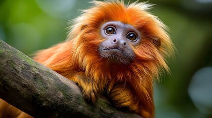 Fototapeta premium Captivating Gaze of the Endangered Golden Lion Tamarin Monkey in its Vibrant Rainforest Habitat