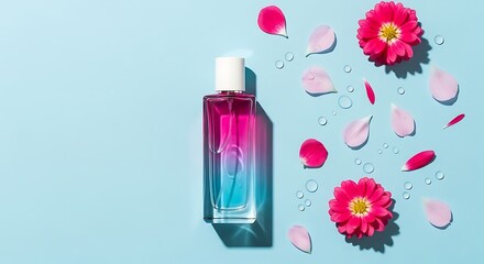 Pink and Teal Perfume Bottle with Pink Flowers and Petals on Light Blue Background Water Droplets fragrance