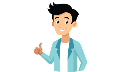 A cheerful young man with black hair wearing a light blue jacket and white t shirt gives a thumbs up gesture with a friendly smile