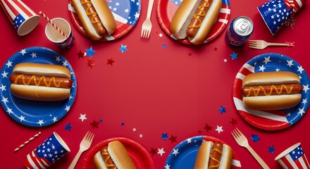 Hot Dogs with Patriotic Decorations on Red Background for Celebration