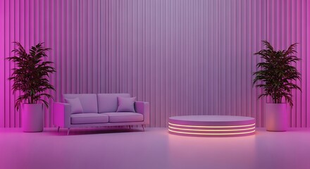 Purple Room Minimalist Scene Sofa Plants Cylinder Platform Neon Lights Interior Design Mockup image