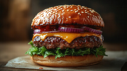 classic cheeseburger in bold orange box on pastel blue background, vibrant fast food lunch with sesame bun and fresh toppings