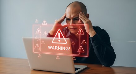Stressed Man Laptop Screen Red Warning Alert Triangles Exclamation Marks Problem Error Message Digital Technology