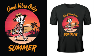 Good vibes only , vintage-inspired summer T-shirt design with a retro sunset, palm trees, and stylish typography. Ideal for beach lovers and vacation wear. vector , EPS 10