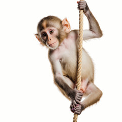 Baby Monkey on Rope: An adorable baby monkey clings playfully to a thick rope, its curious gaze captivating.