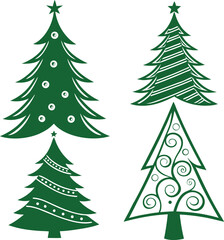 Set of Stylized Christmas Trees in White Silhouette Graphic Holiday Illustration with Swirls and Dots on Dark Background