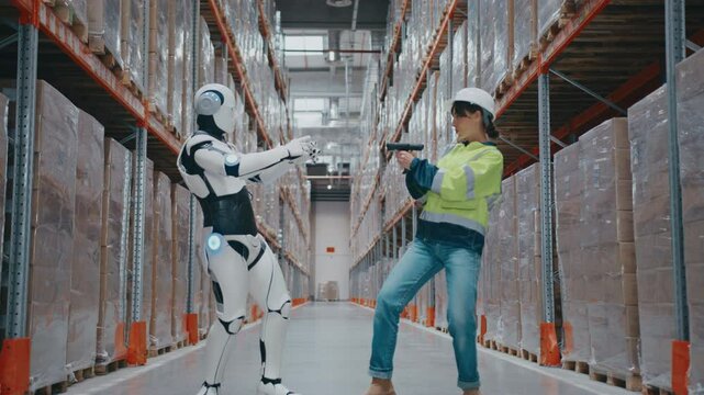 Female warehouse worker playfully pointing barcode scanner at humanoid robot pretending to block in fun pose. Both standing between high shelves stacked with boxes in automated logistics facility.