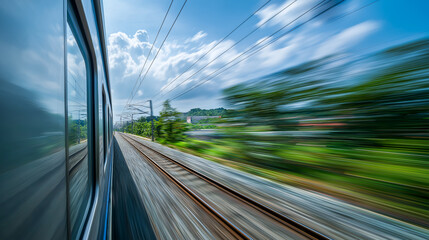 High speed train races through bright landscape