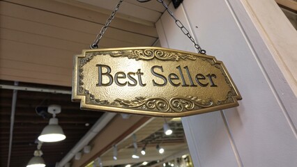 Realistic 3D Gold Best Seller Badge—Round Plate with Embossed Text and Light Reflection on White Background.