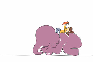 Single continuous line drawing girl reading a book on cute elephant lying down. Study while lying on the back. Education anywhere. Girl Reading Book at Animal Back. One line design vector illustration