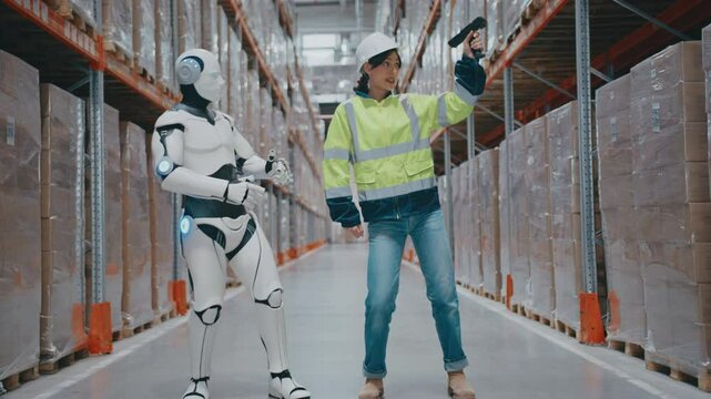 Humanoid robot and female warehouse worker dancing together between tall racks filled with boxes. Woman holding barcode scanner while robot poses with arms wide in funny moment at distribution center.