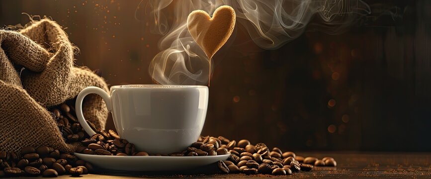 A steaming cup of coffee with steam forming the shape of a heart, surrounded by scattered brown beans on an old wooden table. 