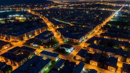 Night Aerial View of Illuminated Suburban Streets and Neighborhoods