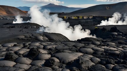 volcanic landscape with steam and black lava