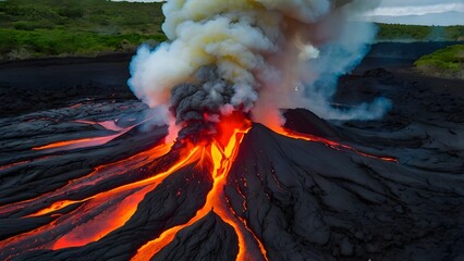 Active Volcano Erupting with Glowing Lava and Smoke Plumes