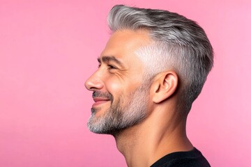 Obraz premium Visual idea of style for aging men. Pink solid background. Classy men's low fade haircut - midlife middle eastern man with middle hair. A modern and happy gentleman enjoying his moment.
