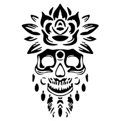 A silhouette of a skull adorned with a single flower, symbolizing the contrast between life and death.
