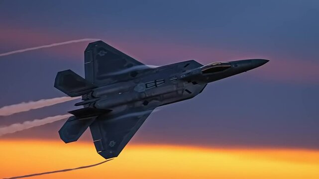 F-22 Raptor soaring through a colorful sunset sky, showcasing aerial agility and power