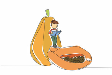 Single one line drawing boy reading while standing on partially cut papaya. Aspire to be a horticultural expert. Boy Reading Book at Vegetables and Fruits. Continuous line design graphic illustration