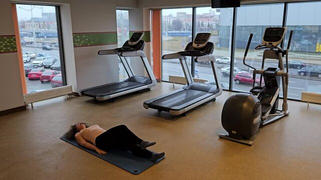 MINSK - MAR 25, 2025: A woman (MR) is laying on a mat in a gym. The gym has a row of treadmills and a stationary bike