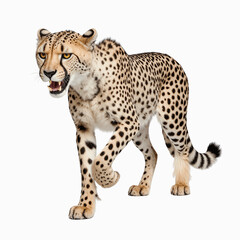 Fototapeta premium Majestic Cheetah Striding Forward: A stunning cheetah with its iconic spots confidently strides forward against a plain backdrop, showcasing its elegance and power in a full-body shot.