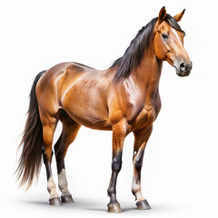 Fototapeta premium Majestic brown horse standing in graceful pose showcases its elegant form and strength on a plain white background.