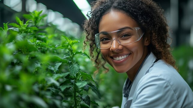 Confident female agricultural scientist checking plant health, wearing lab coat, safety glasses, standing in greenhouse, smiling