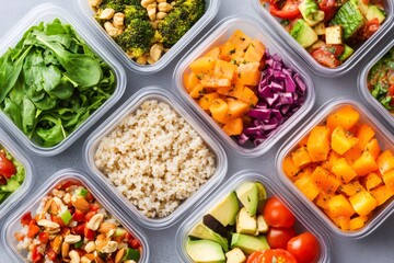 Healthy meal prep containers filled with vegetables, grains, and nuts promoting balanced eating habits