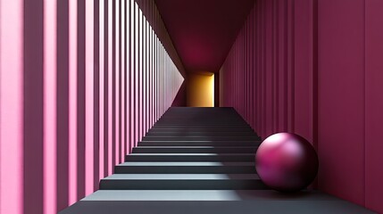 Interior stairway design with a sphere in a corridor.