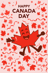 Maple leaves in motion. Cartoon leaf character. Happy Canada day card