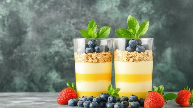 Fresh and Healthy Layered Yogurt Parfaits with Oats, Fruits, and Mint Leaves on a Dark Background
