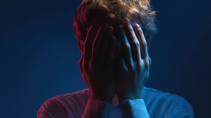 Vitamin deficiency effect. A person with hands on their face, expressing emotion in dramatic lighting.