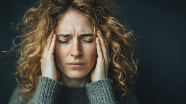 Vitamin deficiency effect. Woman with curly hair experiencing stress or headache, hands on temples.