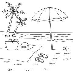 Beach scene line art with palm trees, umbrella, and sun hat
