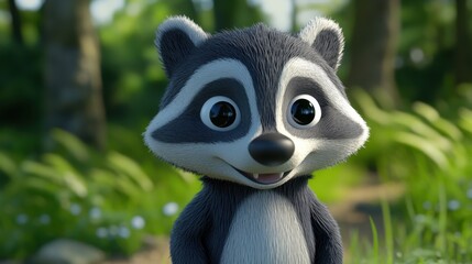 Obraz premium 3D Rendered Raccoon in a Lush Forest Setting: A Charming Digital Creature