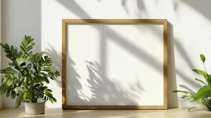 Empty picture frame on a light-colored surface, with plant shadows