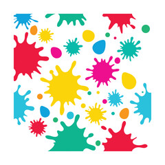 Abstract colorful paint splatter in vector style, vibrant droplets of red, cyan, yellow, and magenta scattered dynamically over a clean white background