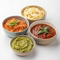 Delicious pasta sauces arranged in bowls includes marinara, pesto, tomato and plain spaghetti noodles for culinary inspiration.