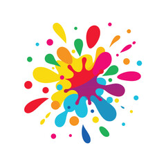 Abstract colorful paint splatter in vector style, vibrant droplets of red, cyan, yellow, and magenta scattered dynamically over a clean white background