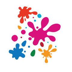 Abstract colorful paint splatter in vector style, vibrant droplets of red, cyan, yellow, and magenta scattered dynamically over a clean white background